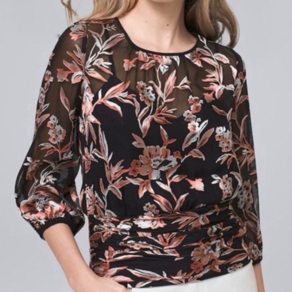 White House Black Market Black and Pink/peach Floral Blouse size 2